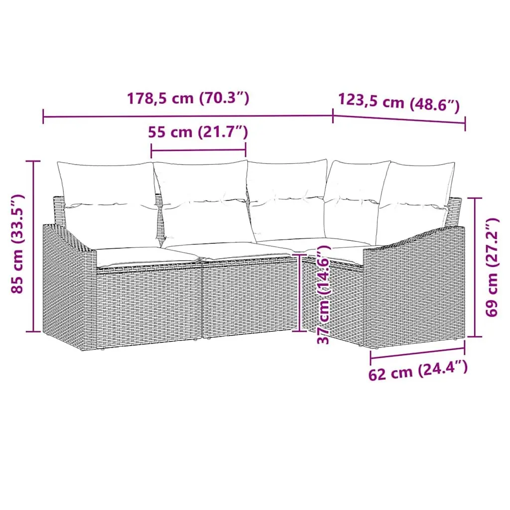 Outdoor Sofa Set Poly Rattan 4 Pieces Black Garden Patio Furniture with Cushions