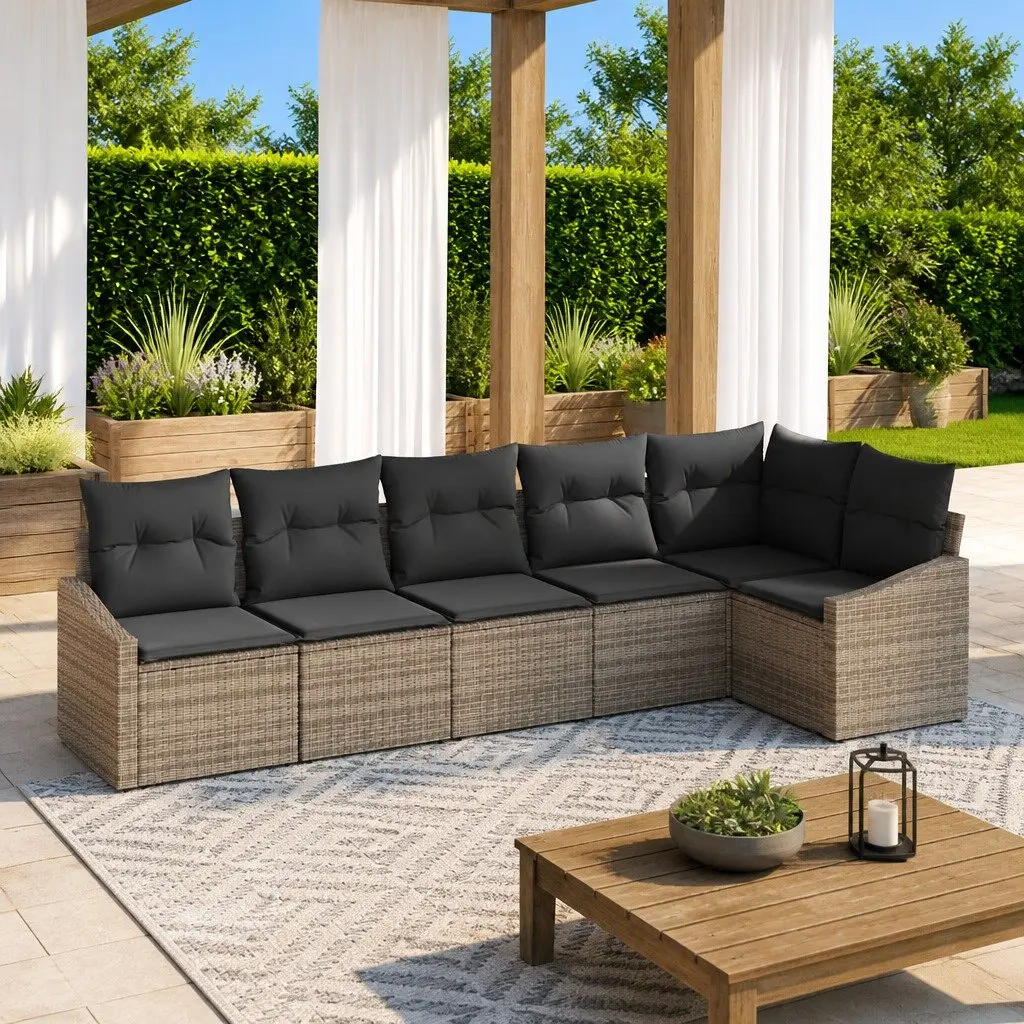 6 Piece Garden Sofa Set Grey Poly Rattan Outdoor Furniture with Height Adjustable Table and Cushions