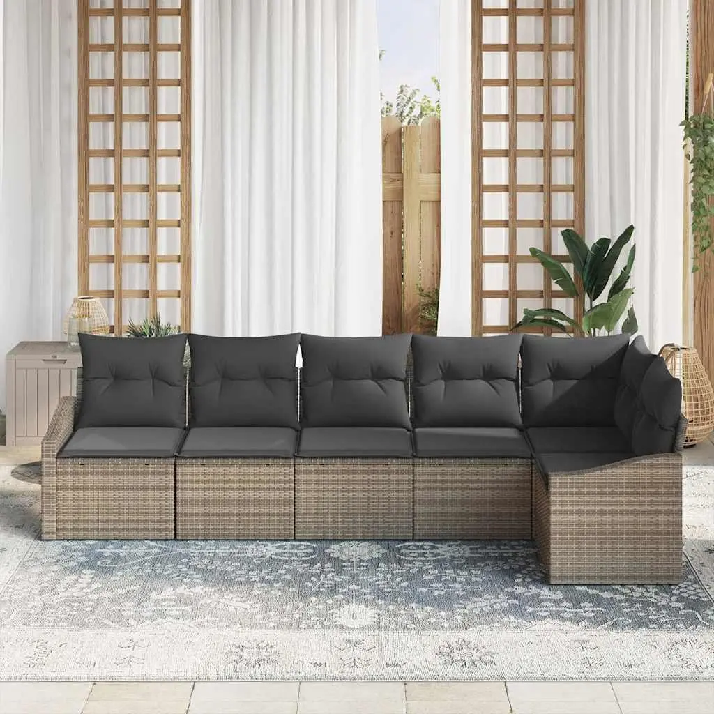 6 Piece Garden Sofa Set Grey Poly Rattan Outdoor Furniture with Height Adjustable Table and Cushions