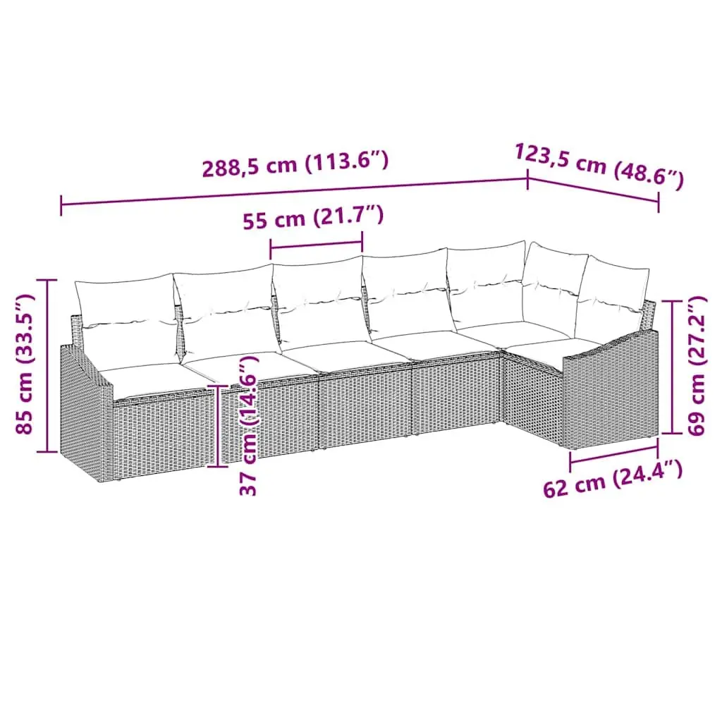 6 Piece Garden Sofa Set Grey Poly Rattan Outdoor Furniture with Height Adjustable Table and Cushions