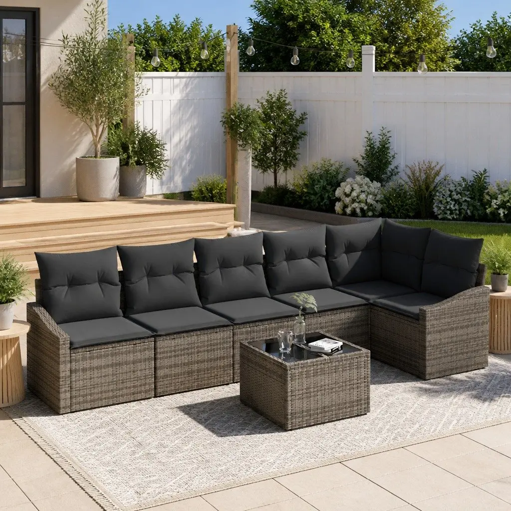7 Piece Sectional Sofa Set Grey Poly Rattan Outdoor Furniture for Patio and Garden with Cushions and Height Adjustable Table