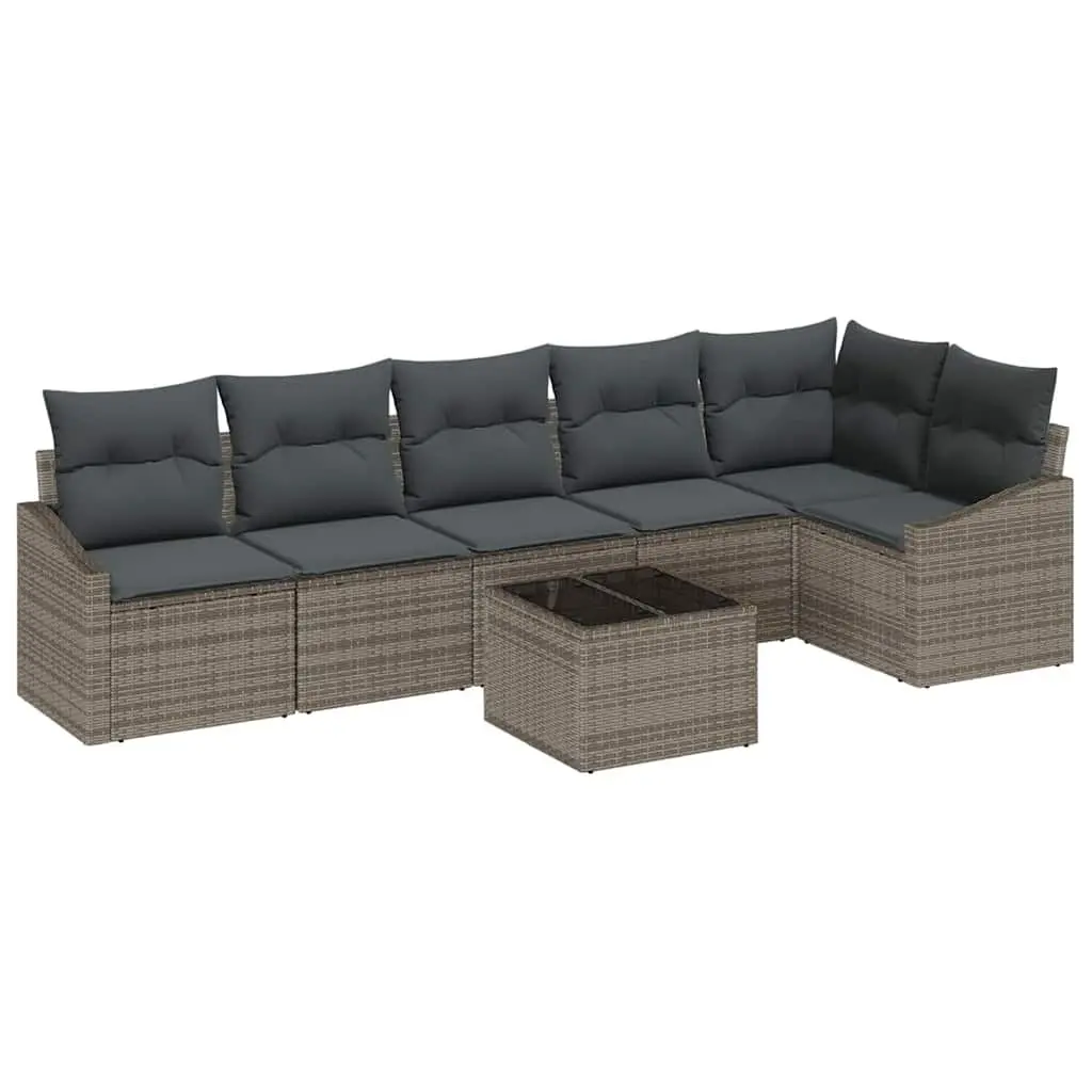 7 Piece Sectional Sofa Set Grey Poly Rattan Outdoor Furniture for Patio and Garden with Cushions and Height Adjustable Table