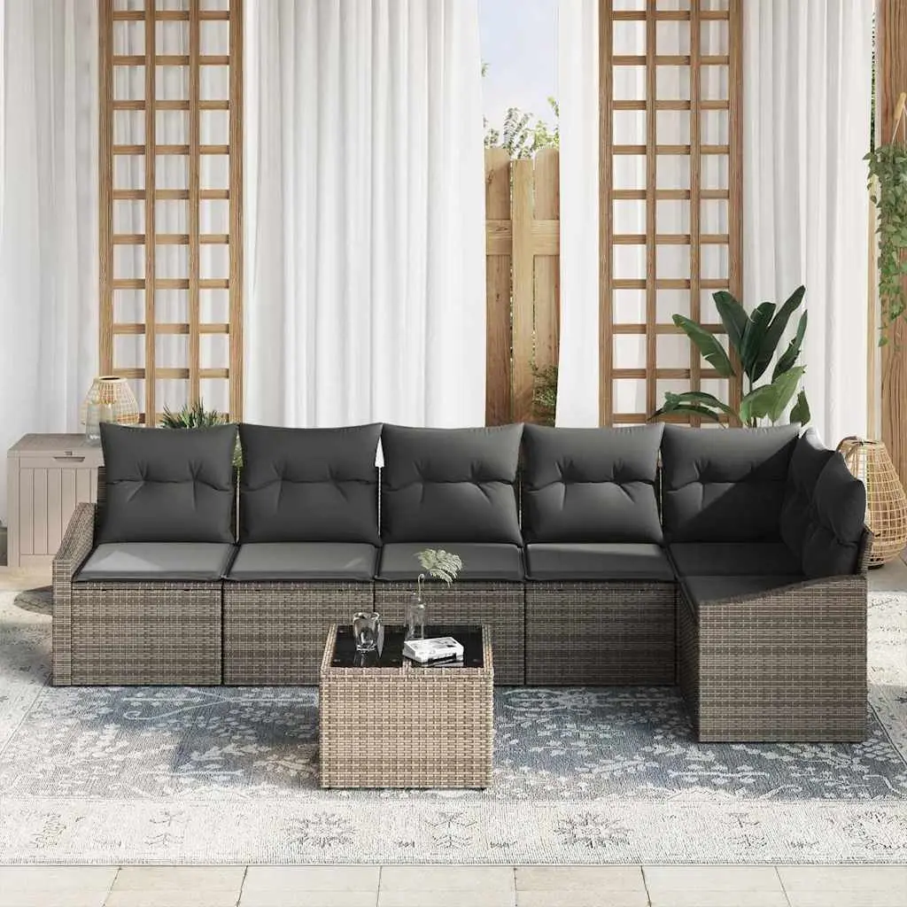 7 Piece Sectional Sofa Set Grey Poly Rattan Outdoor Furniture for Patio and Garden with Cushions and Height Adjustable Table
