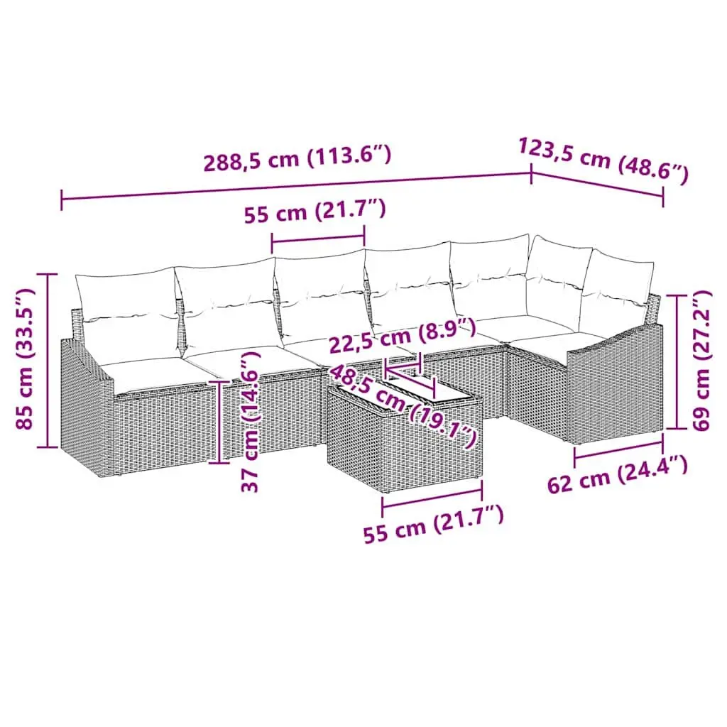 7 Piece Sectional Sofa Set Grey Poly Rattan Outdoor Furniture for Patio and Garden with Cushions and Height Adjustable Table