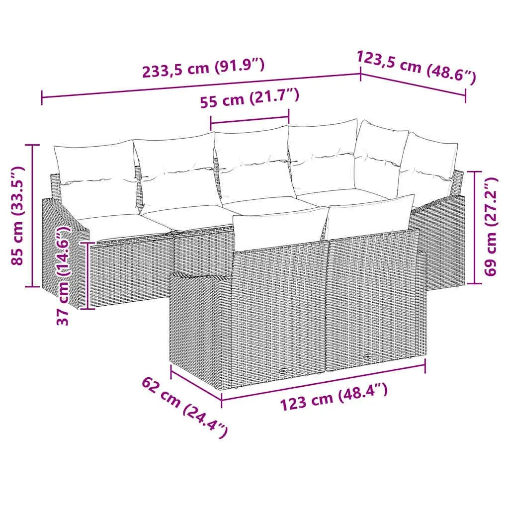 Outdoor Sofa Set Modular Poly Rattan 7 Piece Black Patio Furniture