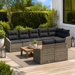 Outdoor Garden Sofa Set 8 Pieces Grey Poly Rattan Patio Furniture with Cushions