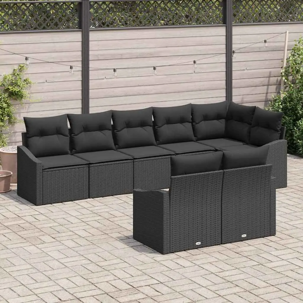 8PieceBlackPolyRattanModularOutdoorSofaSetwithHeightAdjustableTableandRemovableCushionsforGardenandPatio