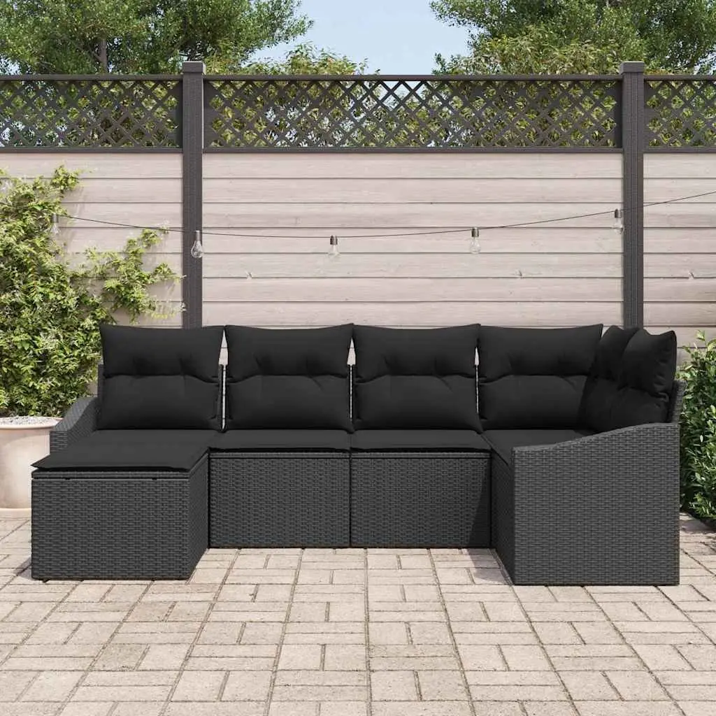 6 Piece Modular Sofa Set Black Weather Resistant Poly Rattan Outdoor Lounge with Cushions