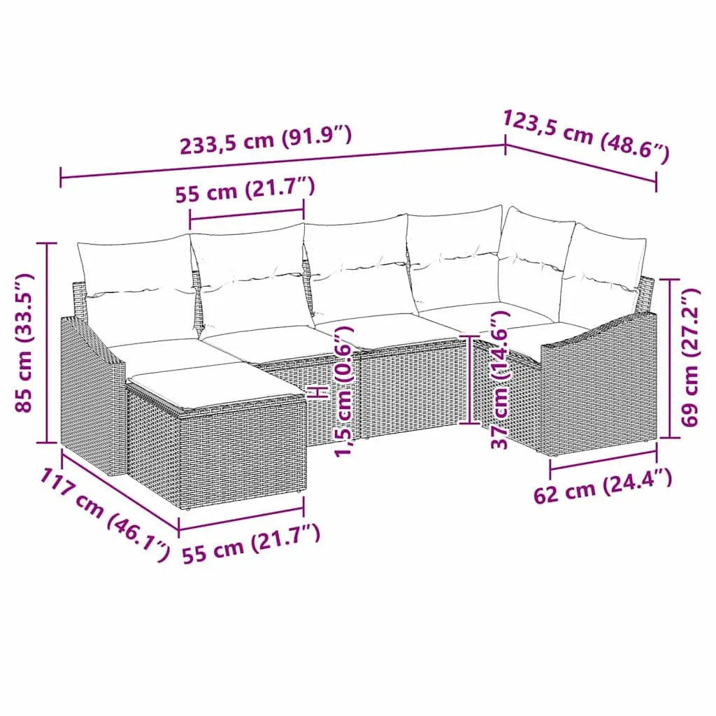 6 Piece Modular Sofa Set Black Weather Resistant Poly Rattan Outdoor Lounge with Cushions
