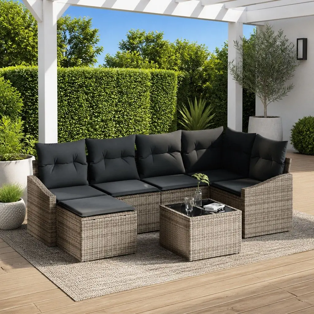 Outdoor Sofa Set 7 Piece Grey Poly Rattan Garden Furniture Modular Patio Lounge