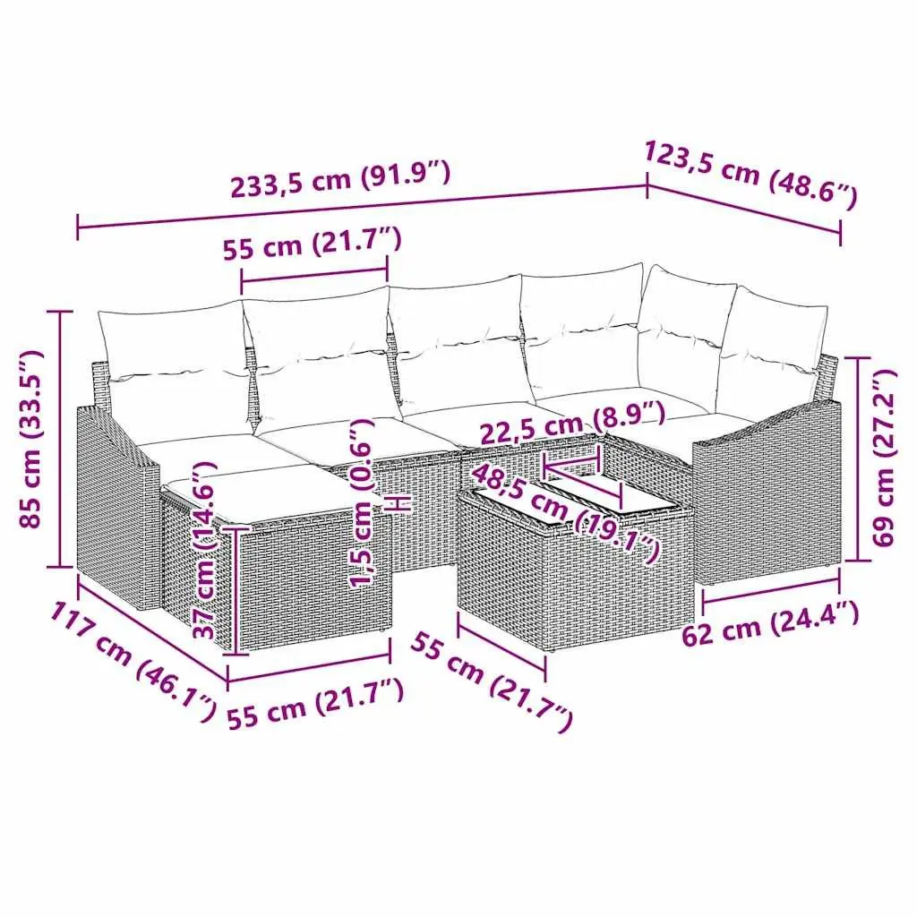 Outdoor Sofa Set 7 Piece Grey Poly Rattan Garden Furniture Modular Patio Lounge