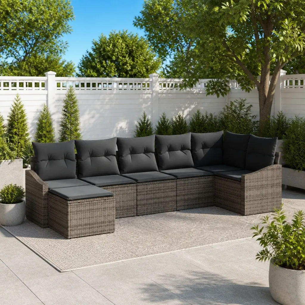 Outdoor Sofa Set 7 Piece Grey Poly Rattan Garden Furniture Patio Lounge Cushion
