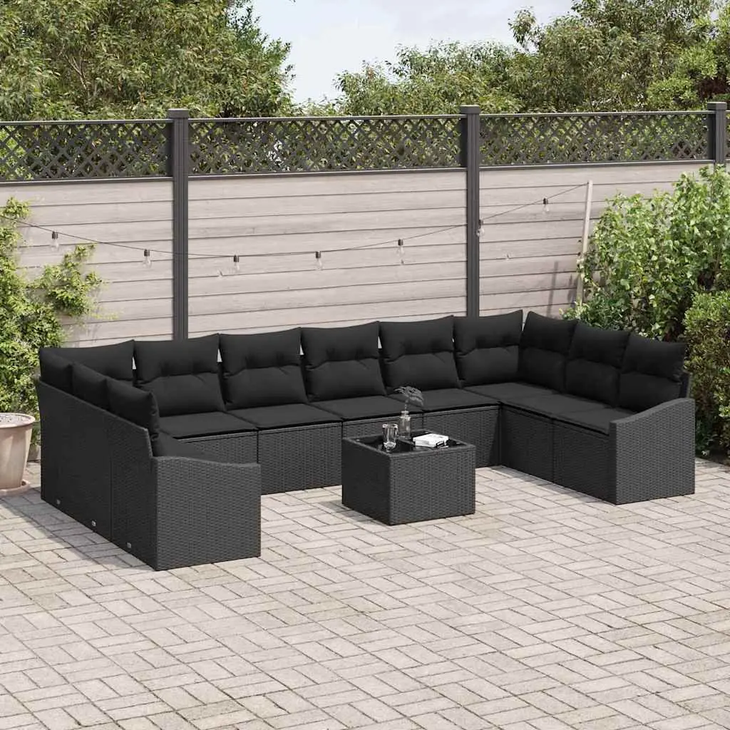 11 Pieces Modular Sofa Set Black Poly Rattan Outdoor Patio Furniture with Cushions and Adjustable Table Height