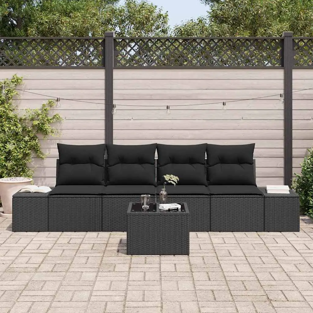 5 Piece Modular Outdoor Sofa Set Black Poly Rattan with Cushions and Tempered Glass Table for Garden Patio Furniture