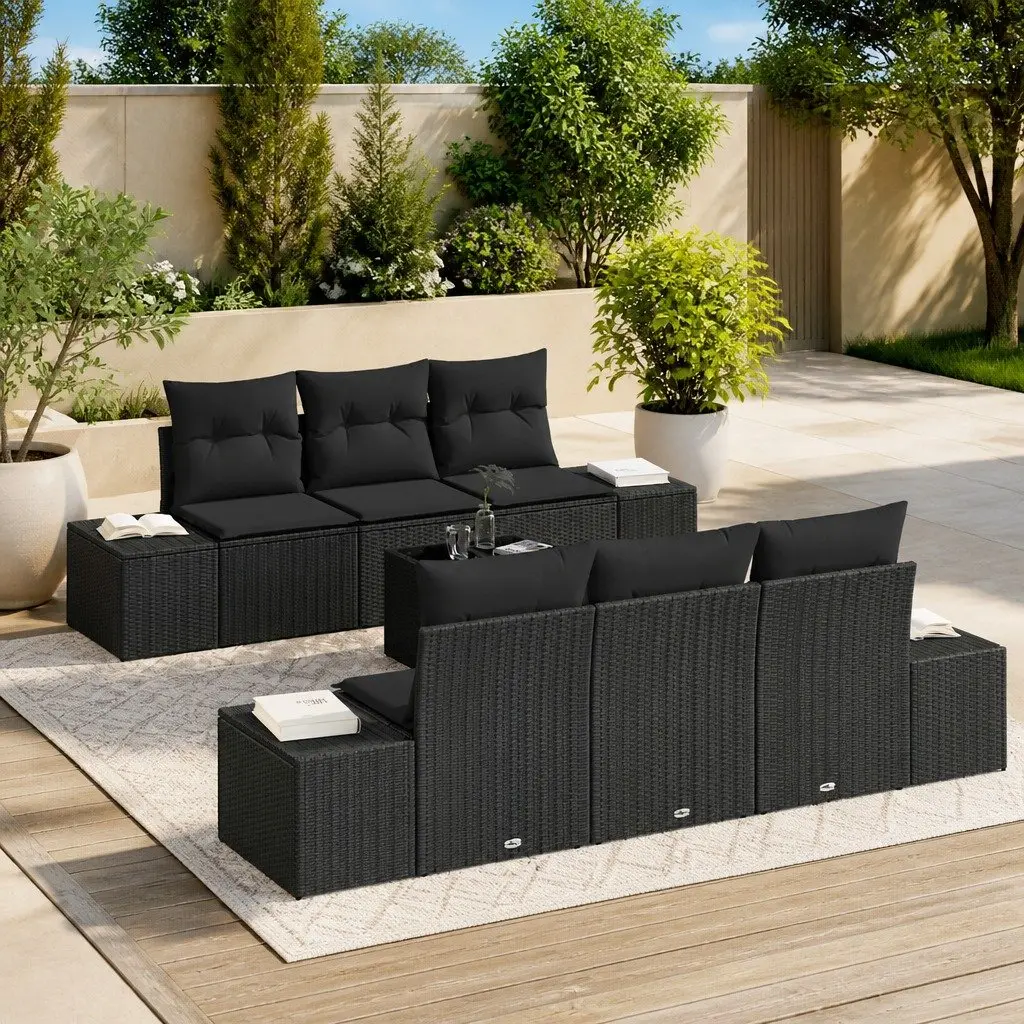 7 Piece Outdoor Modular Sofa Set Black Poly Rattan Furniture with Weather-Resistant Cushions for Patio Lounge