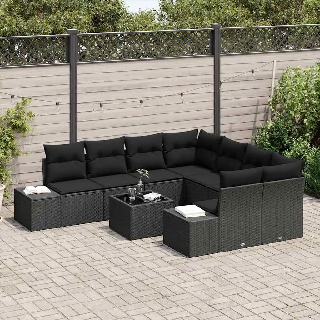 Outdoor Garden Sofa Set Poly Rattan 9 Piece Black Patio Furniture with Cushions