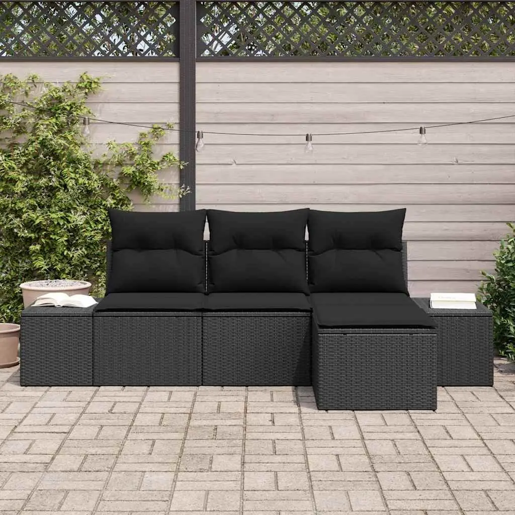 Garden Sofa Set Poly Rattan Modular 4 Piece Black Outdoor Furniture with Cushion