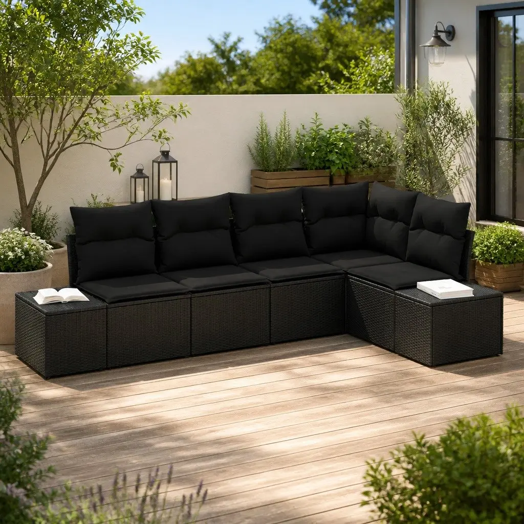 Outdoor Garden Sofa Set Modular Poly Rattan 5 Piece Black Patio Furniture