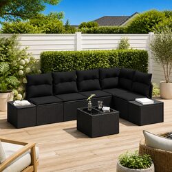 Outdoor Garden Sofa Set 6 Pieces Black Poly Rattan Modular Seating Lounge