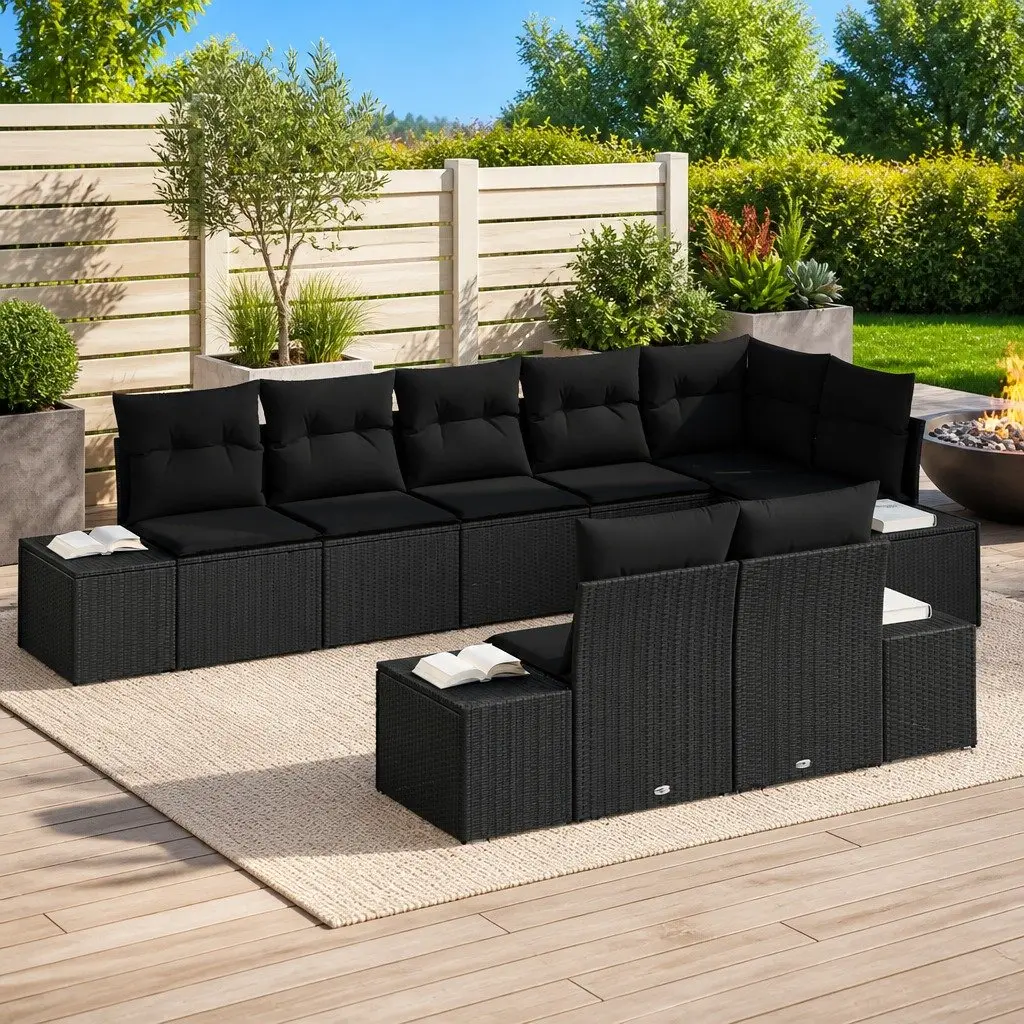 Garden Sofa Set Modular Black Poly Rattan 8 Piece Outdoor Lounge with Cushions
