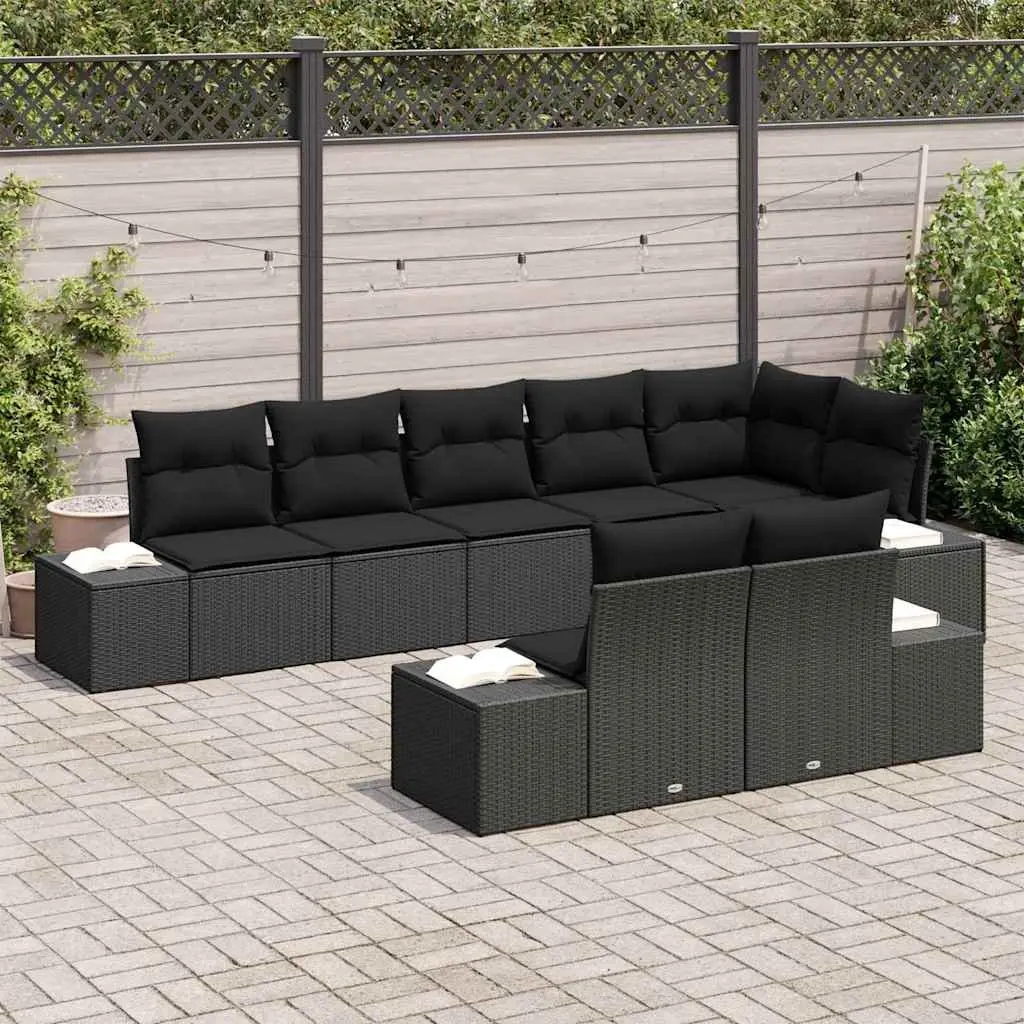 Garden Sofa Set Modular Black Poly Rattan 8 Piece Outdoor Lounge with Cushions