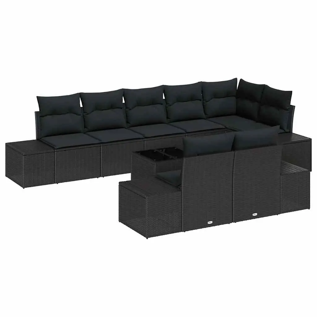 Outdoor Garden Sofa Set 9 Pieces Black Poly Rattan Modular Seating with Cushions