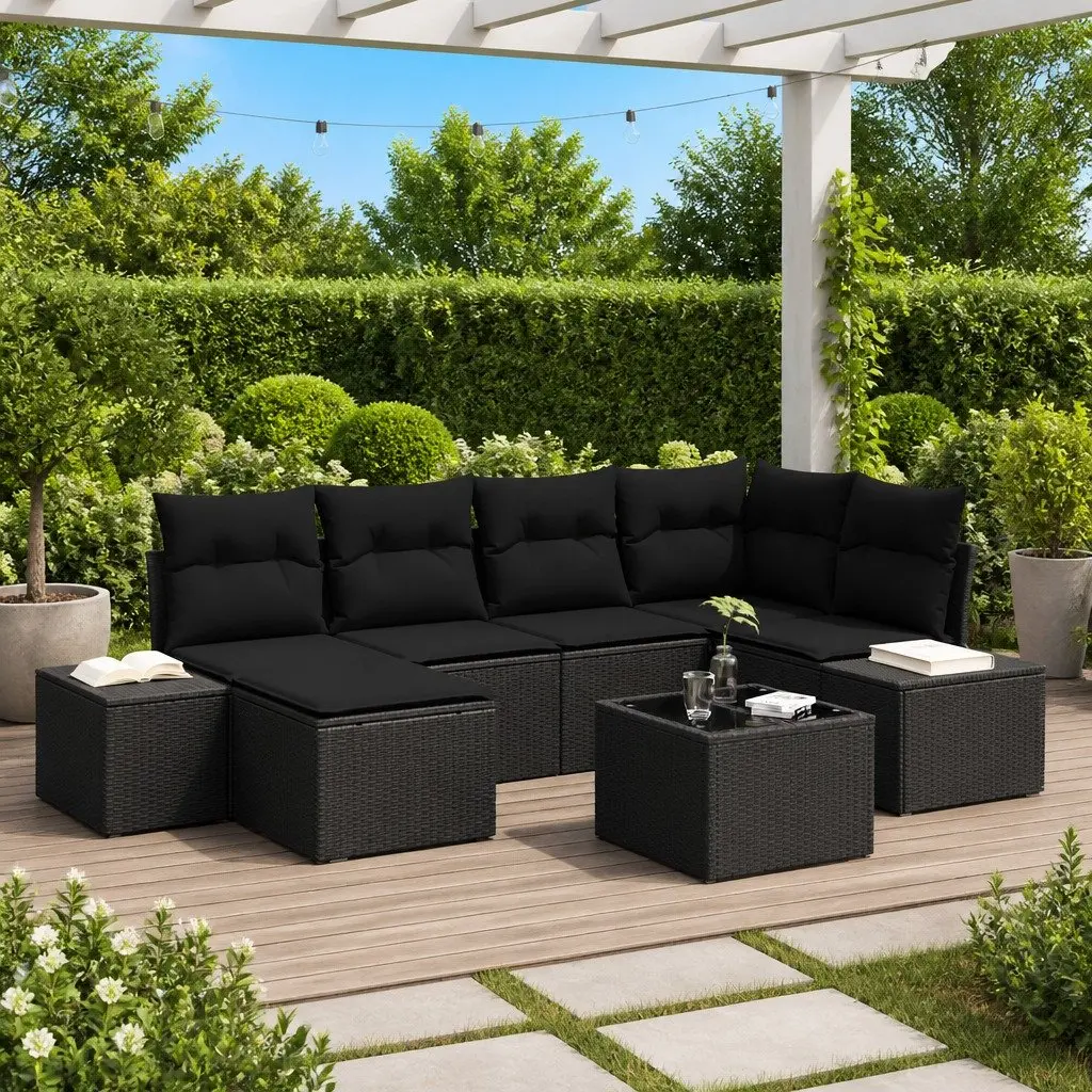 Modular Rattan Outdoor Sofa Set 7 Piece with Cushions Black Weather Resistant