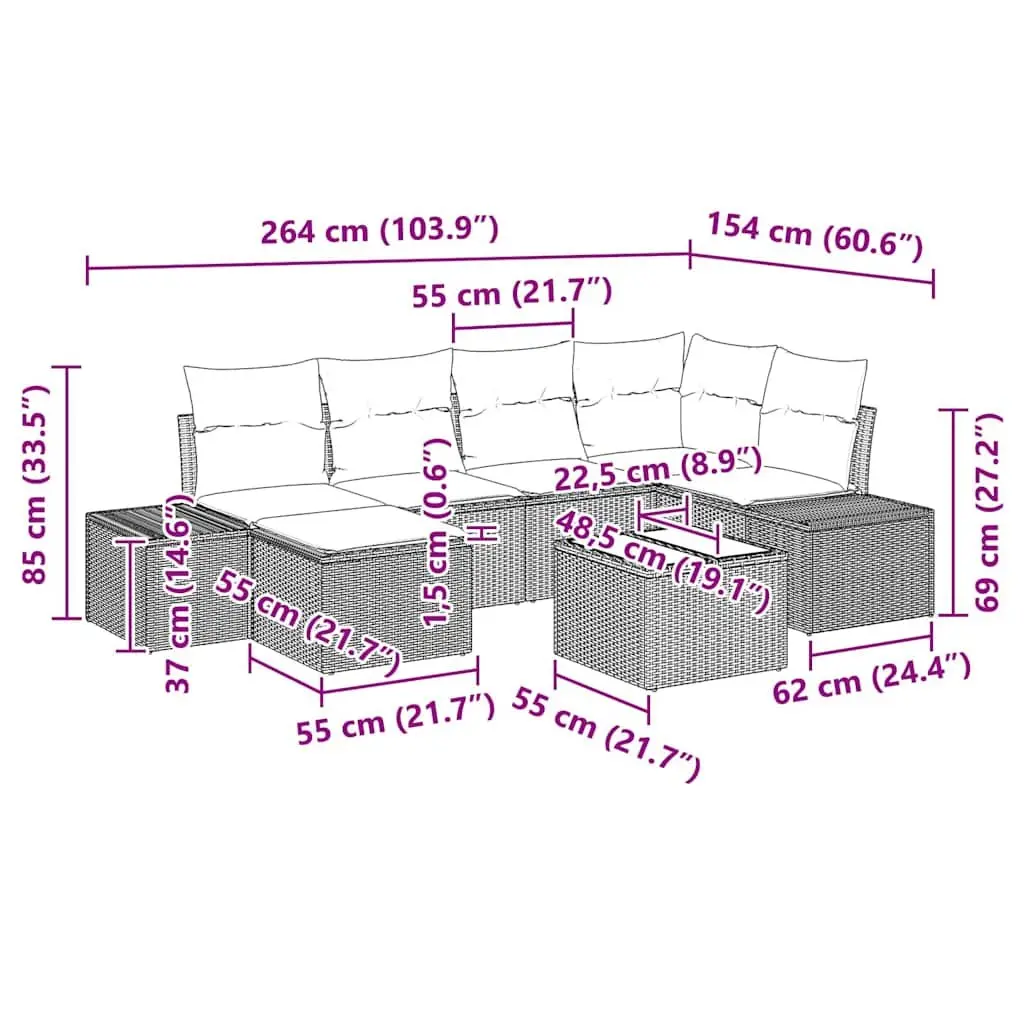 Modular Rattan Outdoor Sofa Set 7 Piece with Cushions Black Weather Resistant