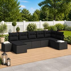 Garden Sofa Set 7-Piece Outdoor Sectional Modular Black Poly Rattan Lounge with