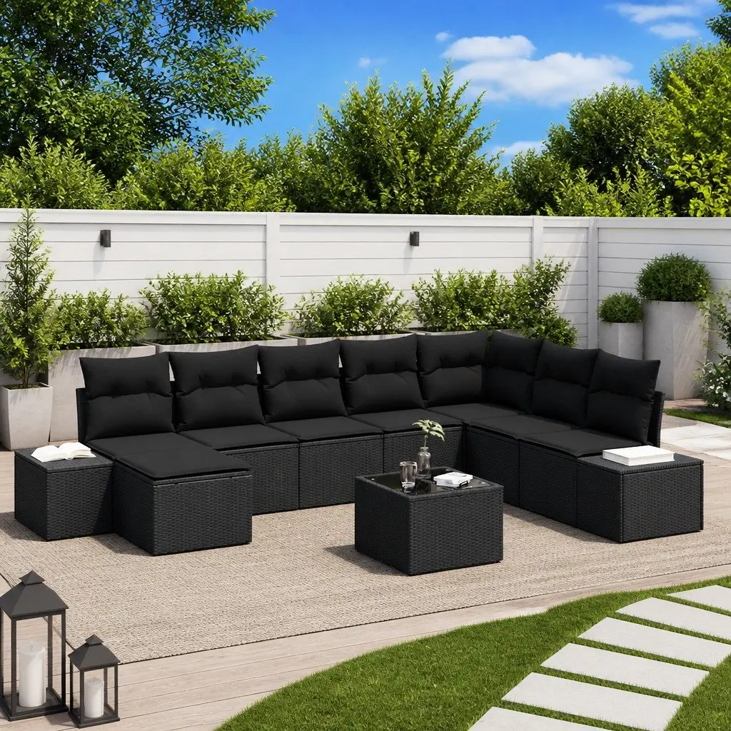 Modular Outdoor Garden Sofa Set 9 Piece Black Poly Rattan with Weather Resistant Cushions