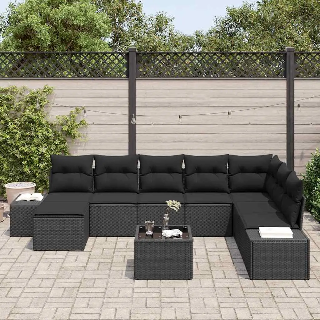 Modular Outdoor Garden Sofa Set 9 Piece Black Poly Rattan with Weather Resistant Cushions