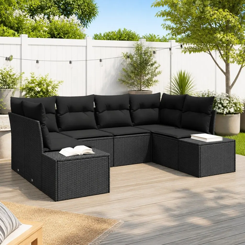 Garden Sofa Set Modular Poly Rattan 6 Piece Black Outdoor Furniture with Cushions