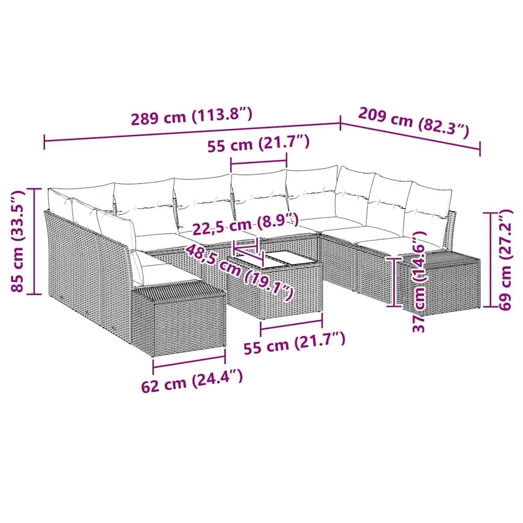 Outdoor Garden Sofa Set 10 Pieces Black Poly Rattan Modular Patio Furniture