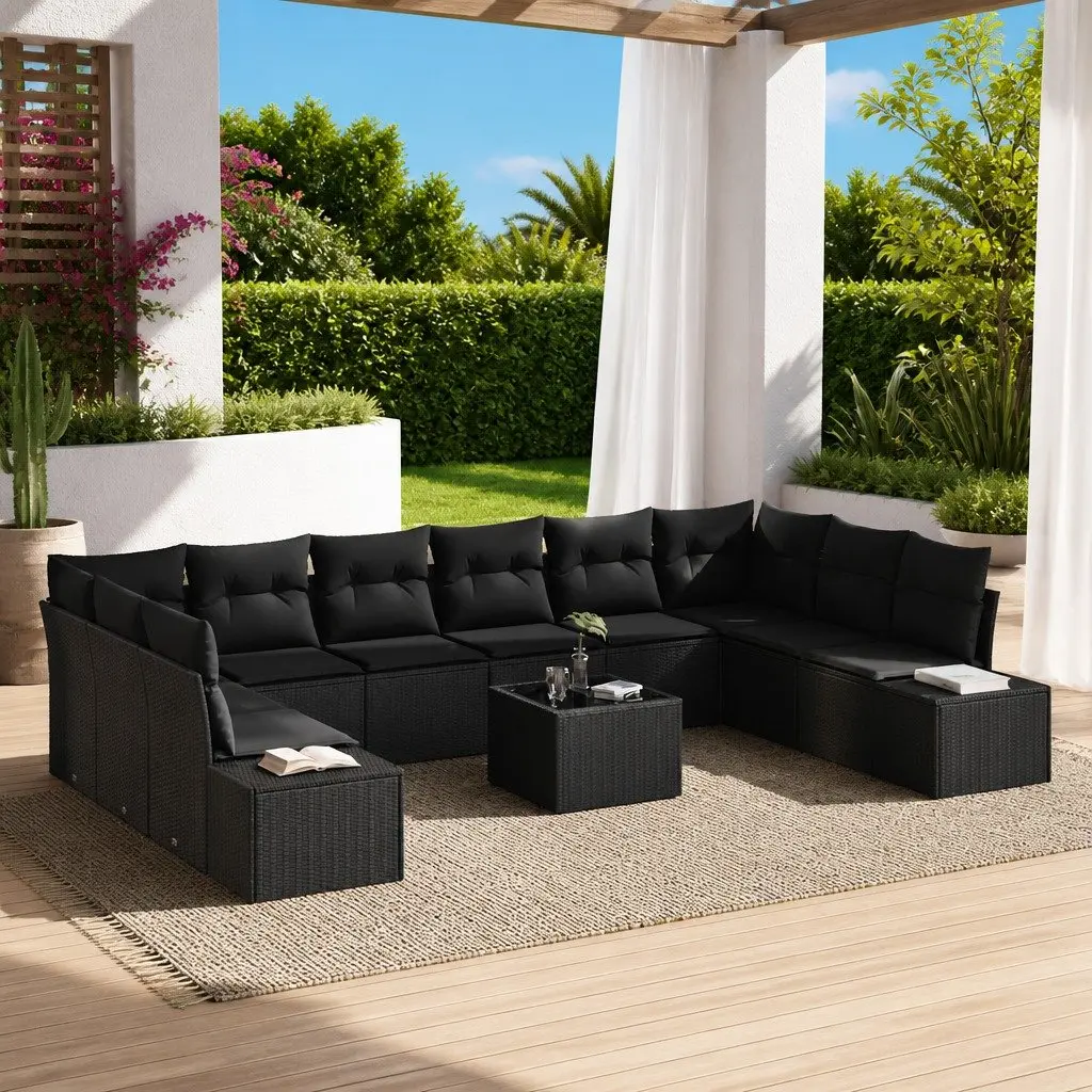 Garden Sofa Set Outdoor Sectional Furniture Poly Rattan 11 pcs Black Cushions
