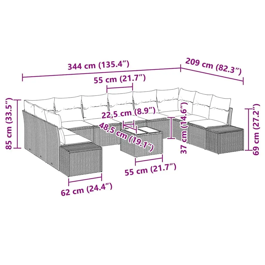 Garden Sofa Set Outdoor Sectional Furniture Poly Rattan 11 pcs Black Cushions