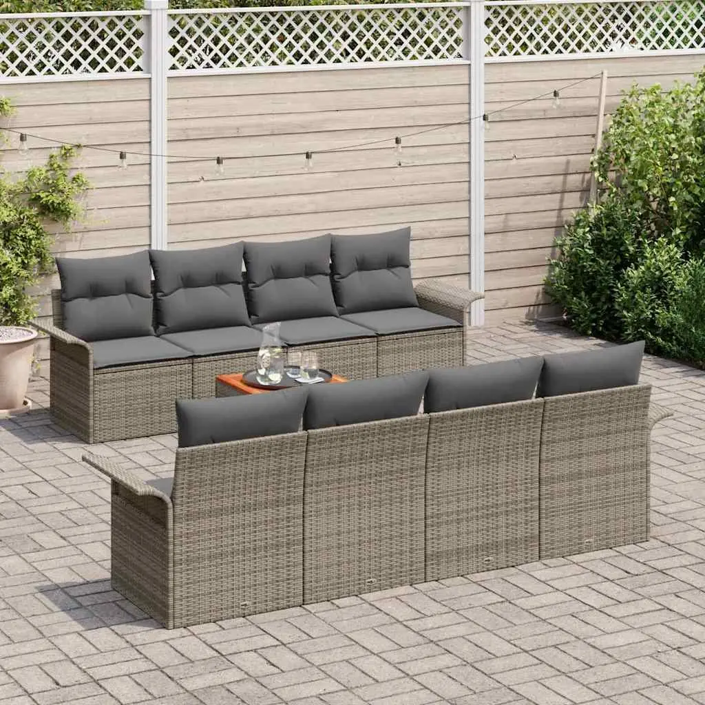 Garden Sofa Set Modular Outdoor Furniture 9 Pieces Grey Woven Poly Rattan with Solid Acacia Wood Frame and Cushions