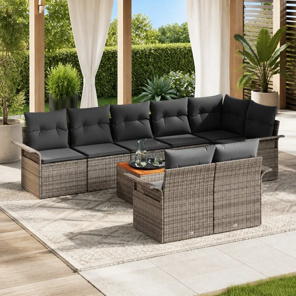 Garden Sofa Set Modular Poly Rattan 9 Pieces Grey with Solid Acacia Wood and Powder Coated Steel Frame for Outdoor Patio Lounge