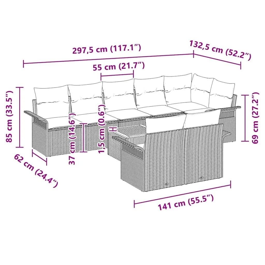 Garden Sofa Set Modular Poly Rattan 9 Pieces Grey with Solid Acacia Wood and Powder Coated Steel Frame for Outdoor Patio Lounge
