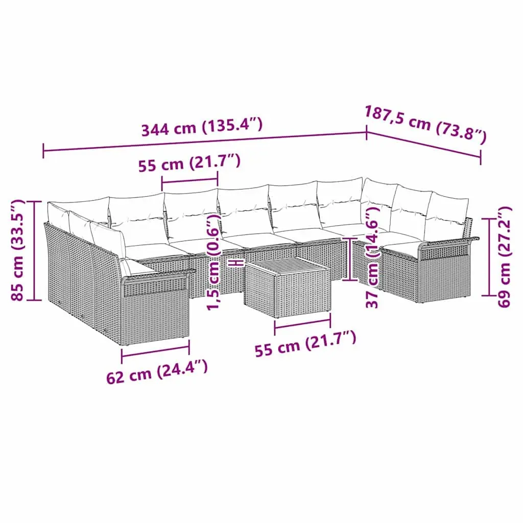 Modular Garden Sofa Set 11 Pieces Grey Poly Rattan Outdoor Furniture with