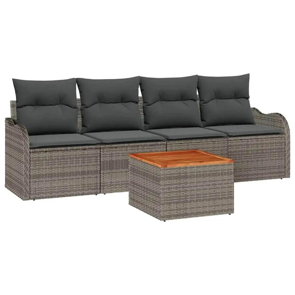 Modular Garden Sofa Set 5 Piece Grey Poly Rattan Powder-coated Steel Acacia Wood
