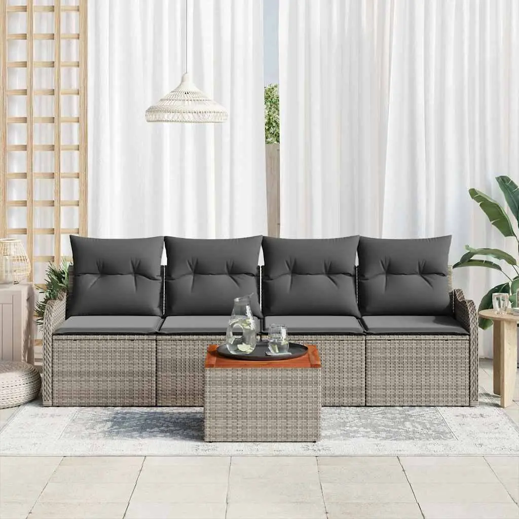 Modular Garden Sofa Set 5 Piece Grey Poly Rattan Powder-coated Steel Acacia Wood