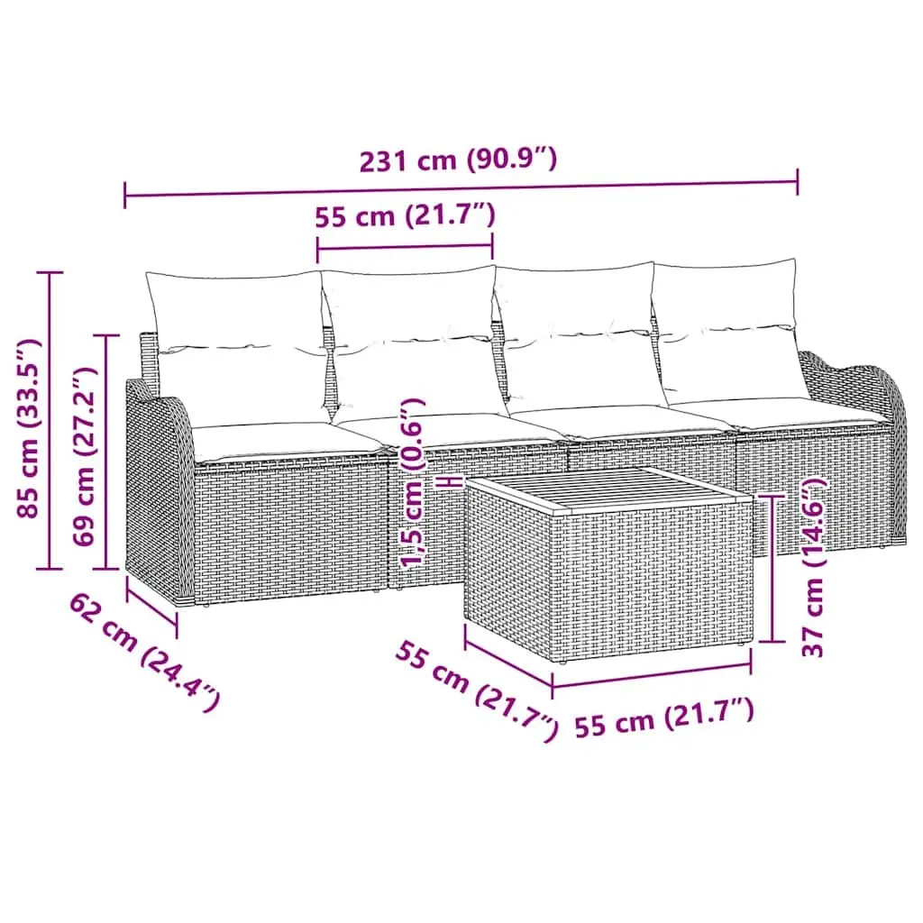Modular Garden Sofa Set 5 Piece Grey Poly Rattan Powder-coated Steel Acacia Wood