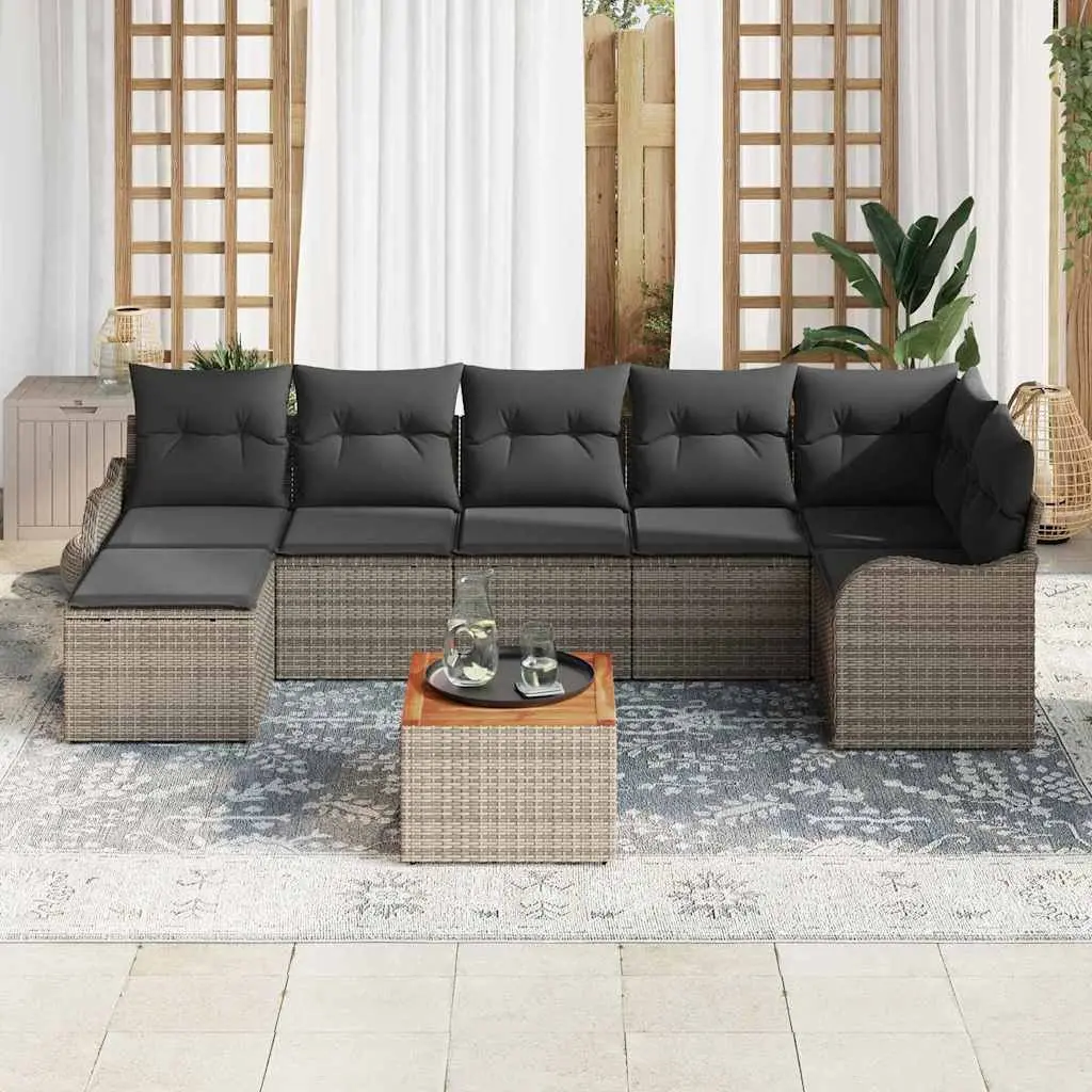 8 Piece Modular Garden Sofa Set Grey Poly Rattan and Solid Acacia Wood Outdoor Patio Furniture