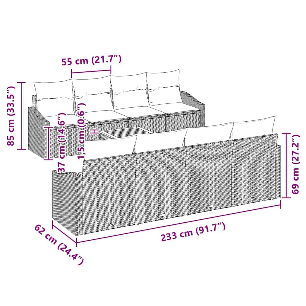Garden Sofa Set 9 Pieces Grey Poly Rattan Modular Outdoor Furniture with