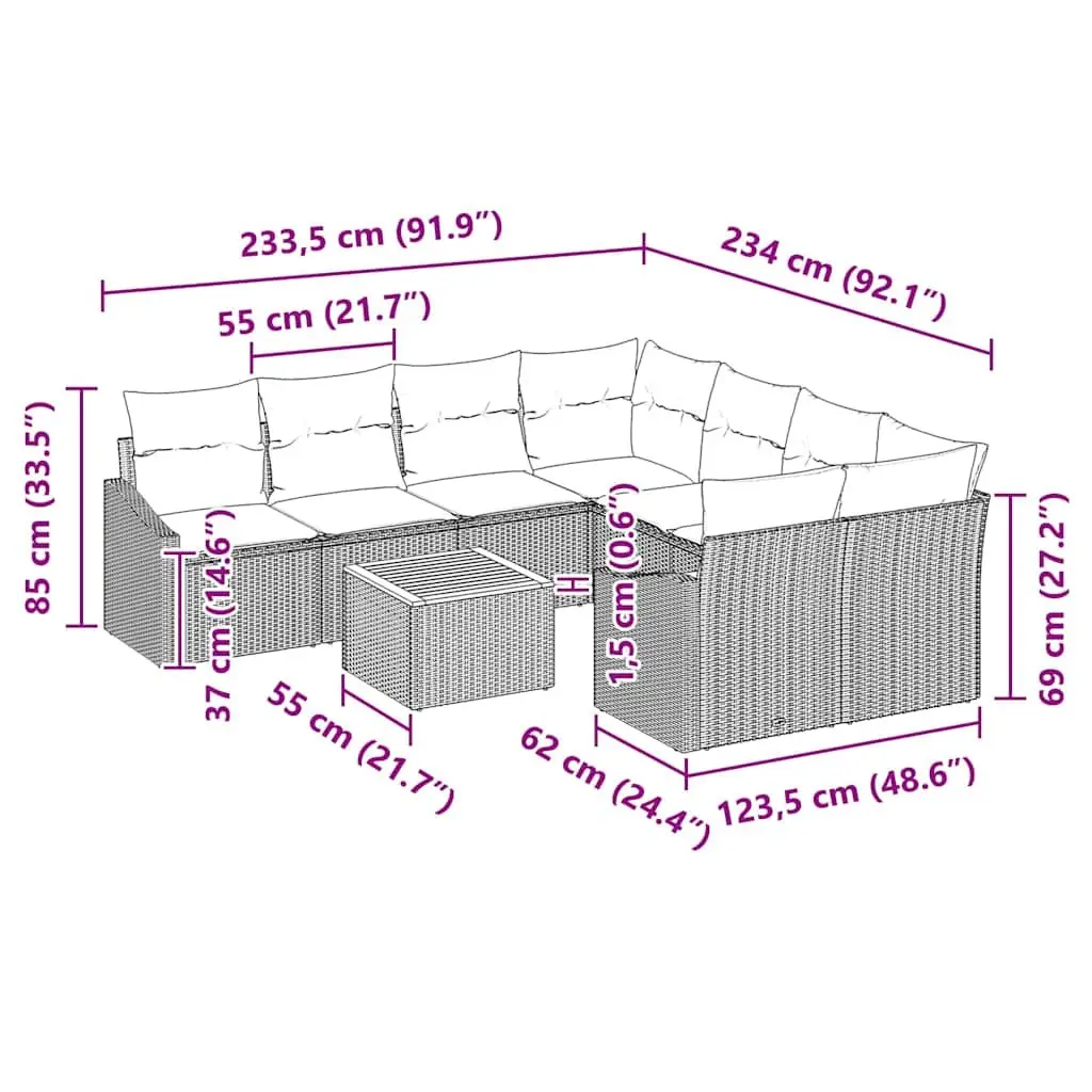 9 Piece Modular Outdoor Sofa Set Grey Poly Rattan with Cushion Garden Furniture