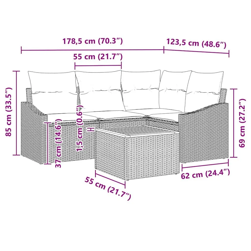 Garden Sofa Set Modular Poly Rattan Grey 5 Piece Outdoor Furniture with Cushions