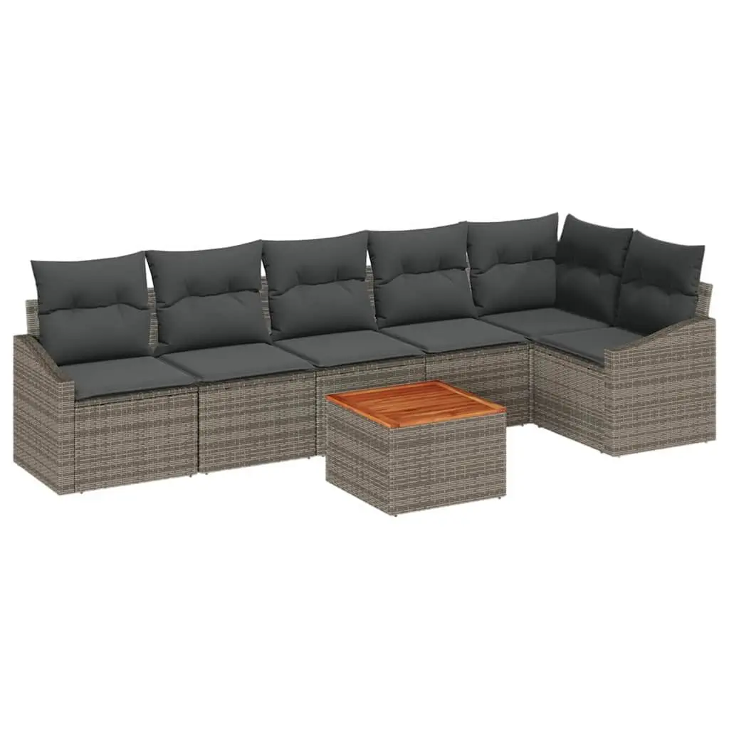 Modular Garden Sofa Set Poly Rattan Acacia Wood 7 Pieces Grey Outdoor Furniture