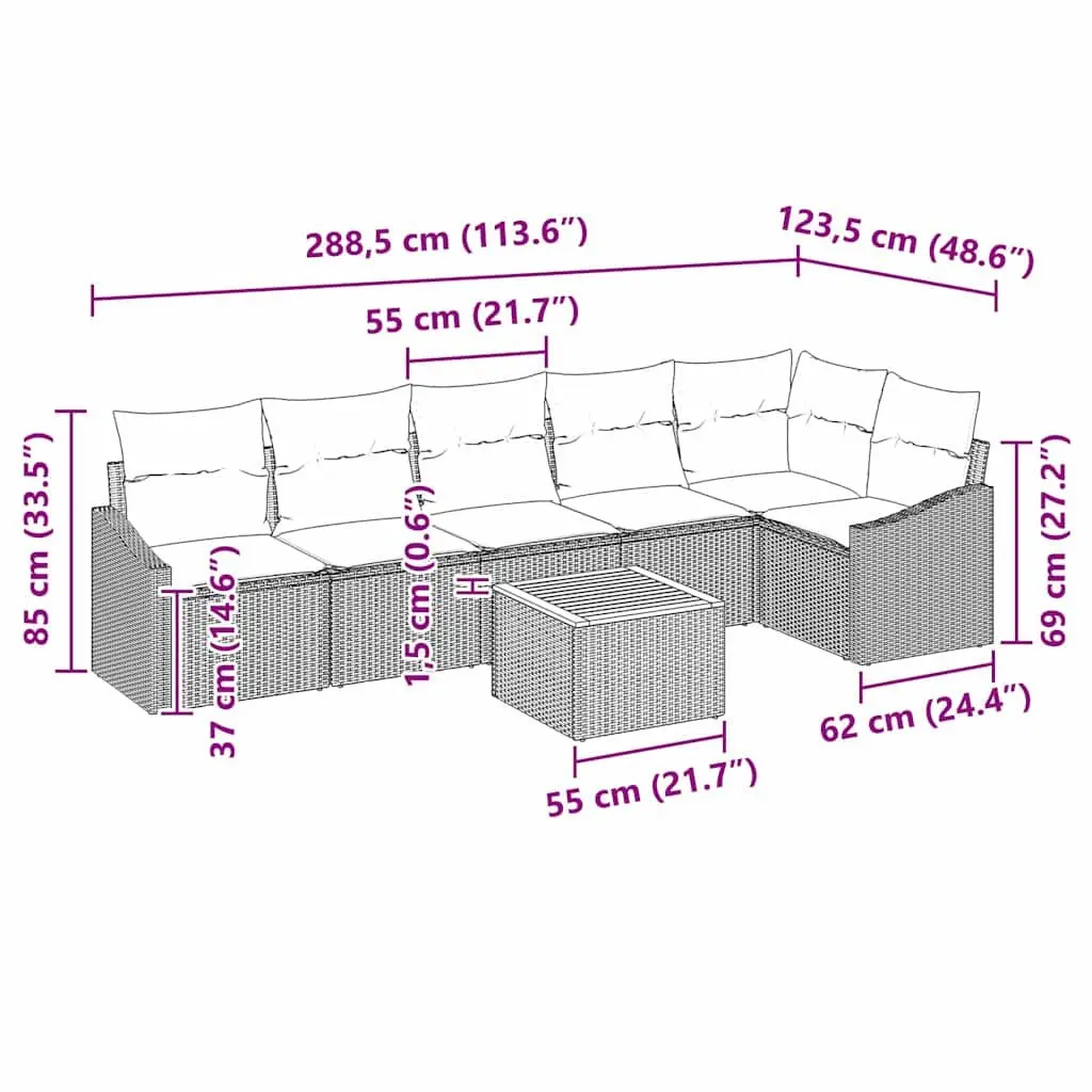 Modular Garden Sofa Set Poly Rattan Acacia Wood 7 Pieces Grey Outdoor Furniture