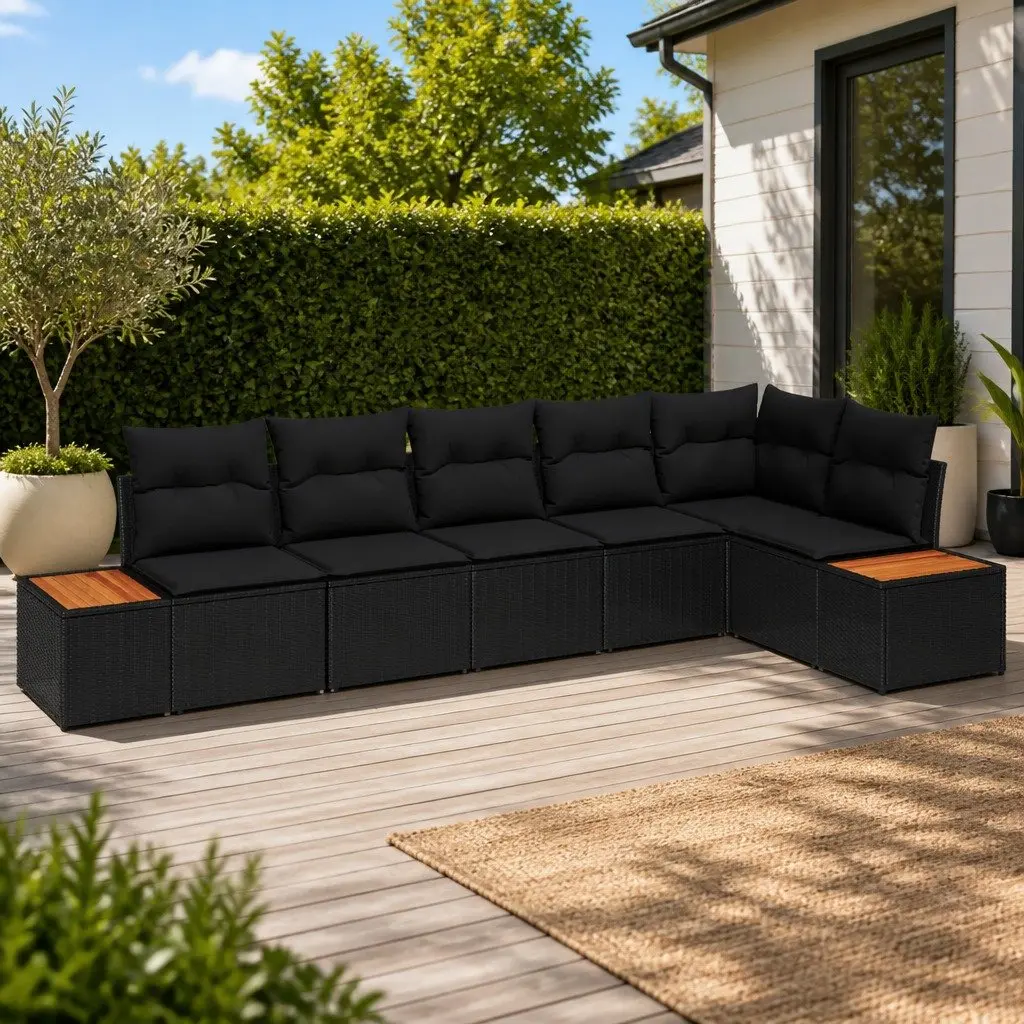 Outdoor Garden Sofa Set Poly Rattan 6 Pieces Black with Cushions