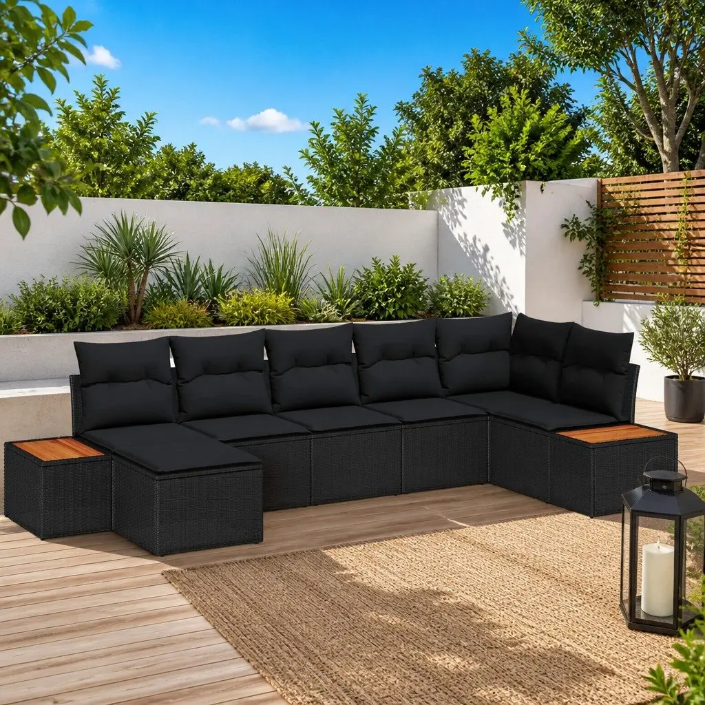 7 Piece Outdoor Garden Sofa Set Modular Poly Rattan Black with Cushions
